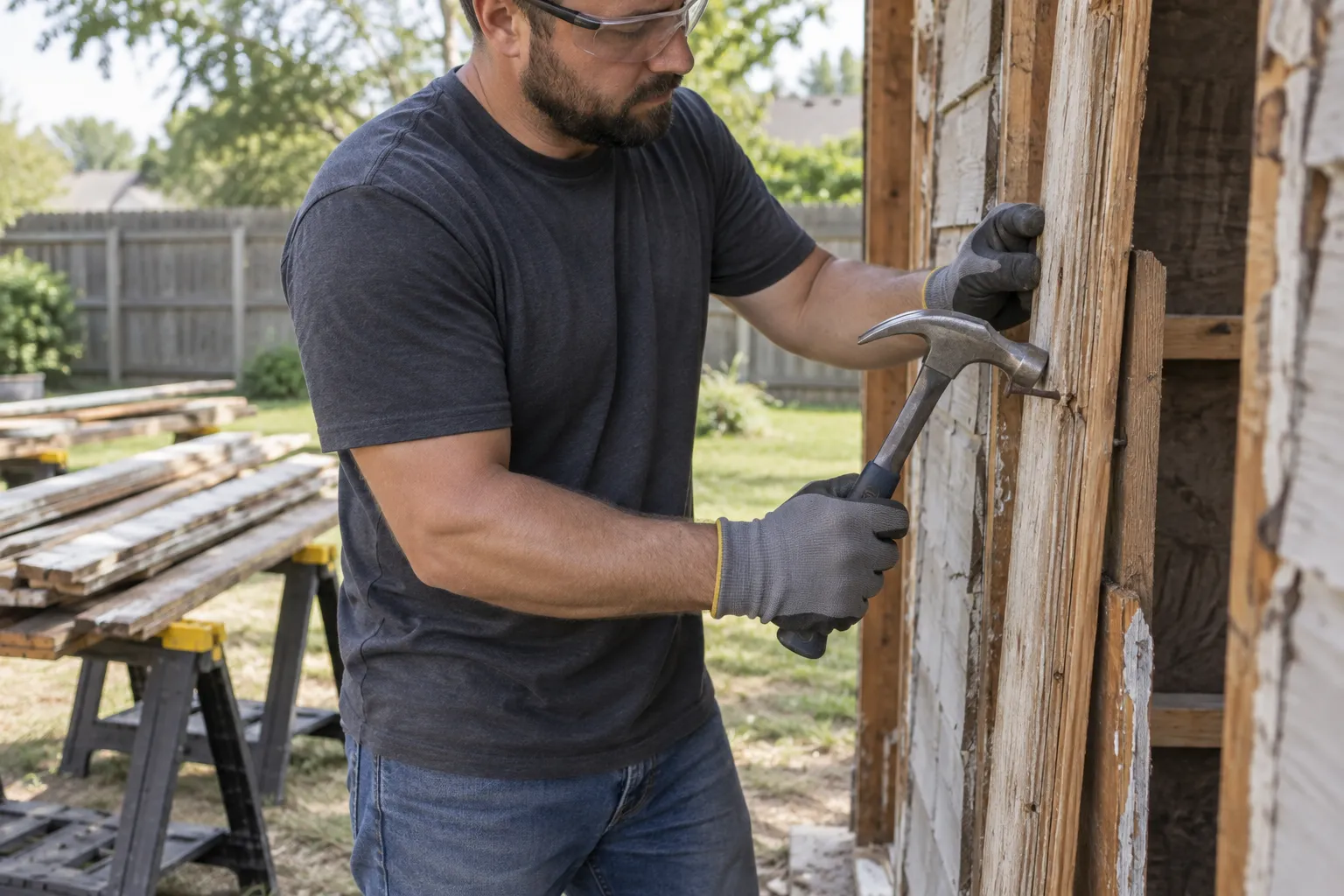 Worker carefully removing fasteners from a dismantled shed wall